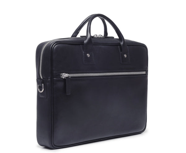 DYLAN Leather 15" Brief Bag | Grain Leather | Made in USA | Korchmar | Black Leather with Nickel Fittings