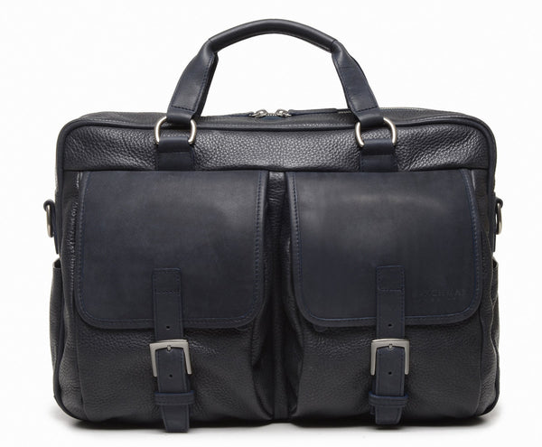 Barton Leather Brief Bag | Grain Leather | Made in USA | Korchmar | Blue Leather with Nickel Fittings