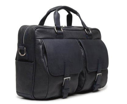 Barton Leather Brief Bag | Grain Leather | Made in USA | Korchmar | Blue Leather with Nickel Fittings