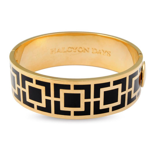 Halcyon Days 19mm Maya Hinged Enamel Bangle in Black and Gold-Bangle-Sterling-and-Burke