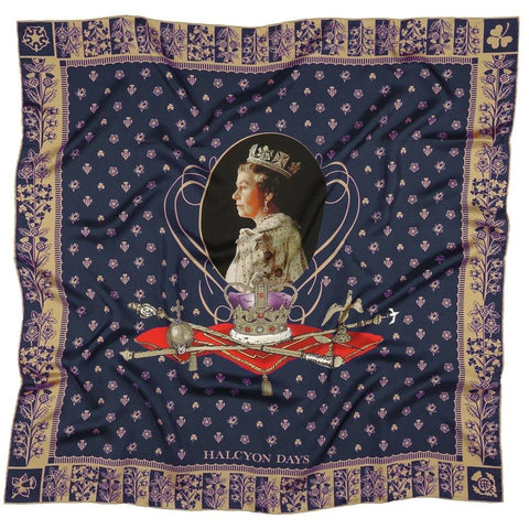 Halcyon Days 65th Anniversary Of The Queen's Coronation Silk Scarf in Navy, 36 by 36 Inches-Ladies Silk Scarf-Sterling-and-Burke