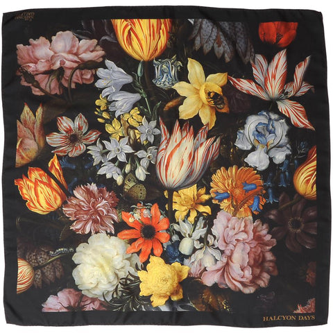 Halcyon Days Still Life Of Flowers In A Wan-Li Vase' by Bosschaert Silk Scarf in Black, 36 by 36 Inches-Ladies Silk Scarf-Sterling-and-Burke