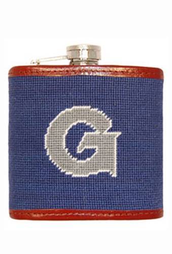 Needlepoint Collection | Georgetown University Needlepoint Flask | Captive Top | Hoya | Blue and Grey | Smathers and Branson-Flask-Sterling-and-Burke