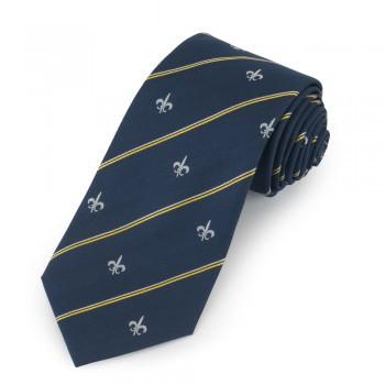 Fleur De Lys Motif with Stripe, Navy and Silver | Woven Silk Tie | Benson and Clegg | Made in England-Necktie-Sterling-and-Burke