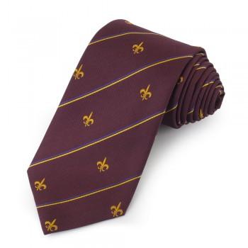 Fleur De Lys Motif with Stripe, Burgundy and Gold | Woven Silk Tie | Benson and Clegg | Made in England-Necktie-Sterling-and-Burke