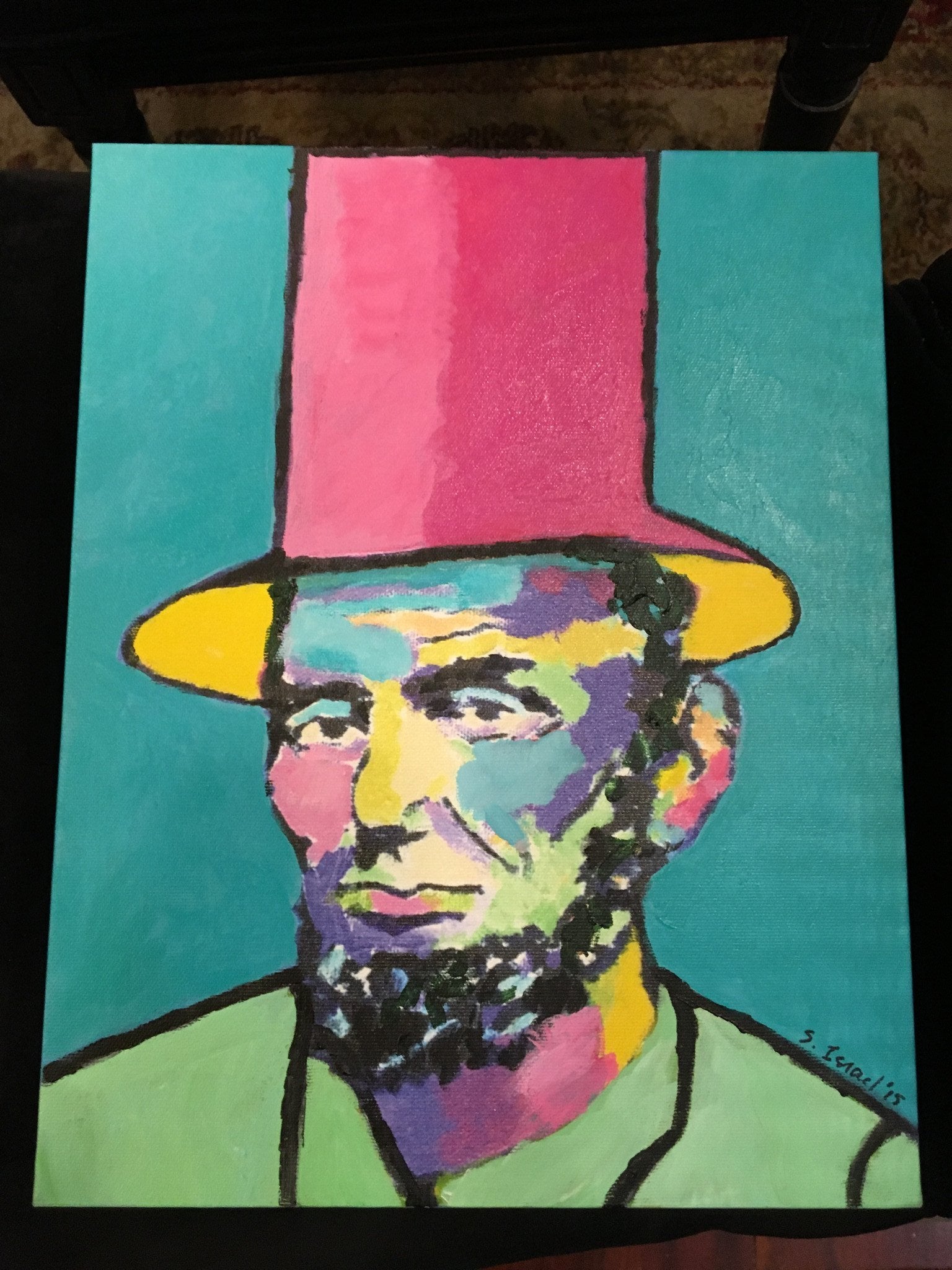 Art | Pink Panther Hat Lincoln I | Original Acrylic by Sue Israel | 14" x 11"-Acrylic Painting-Sterling-and-Burke