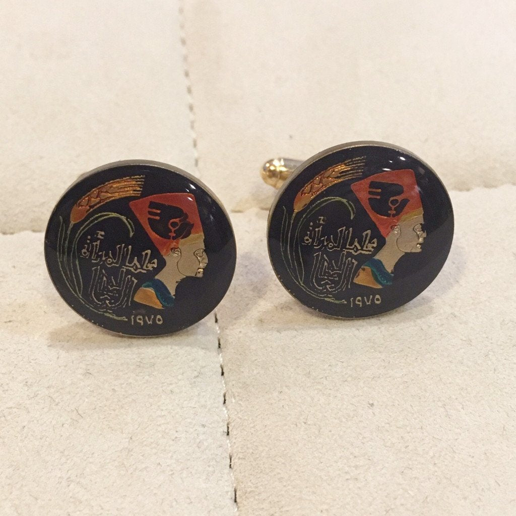 Hand Painted Authentic Coin Cufflinks | Egypt Pharaoh Head Coin Cufflinks | Egyptian Coin | Black | Sterling and Burke | Made in USA-Coin Cufflinks-Sterling-and-Burke