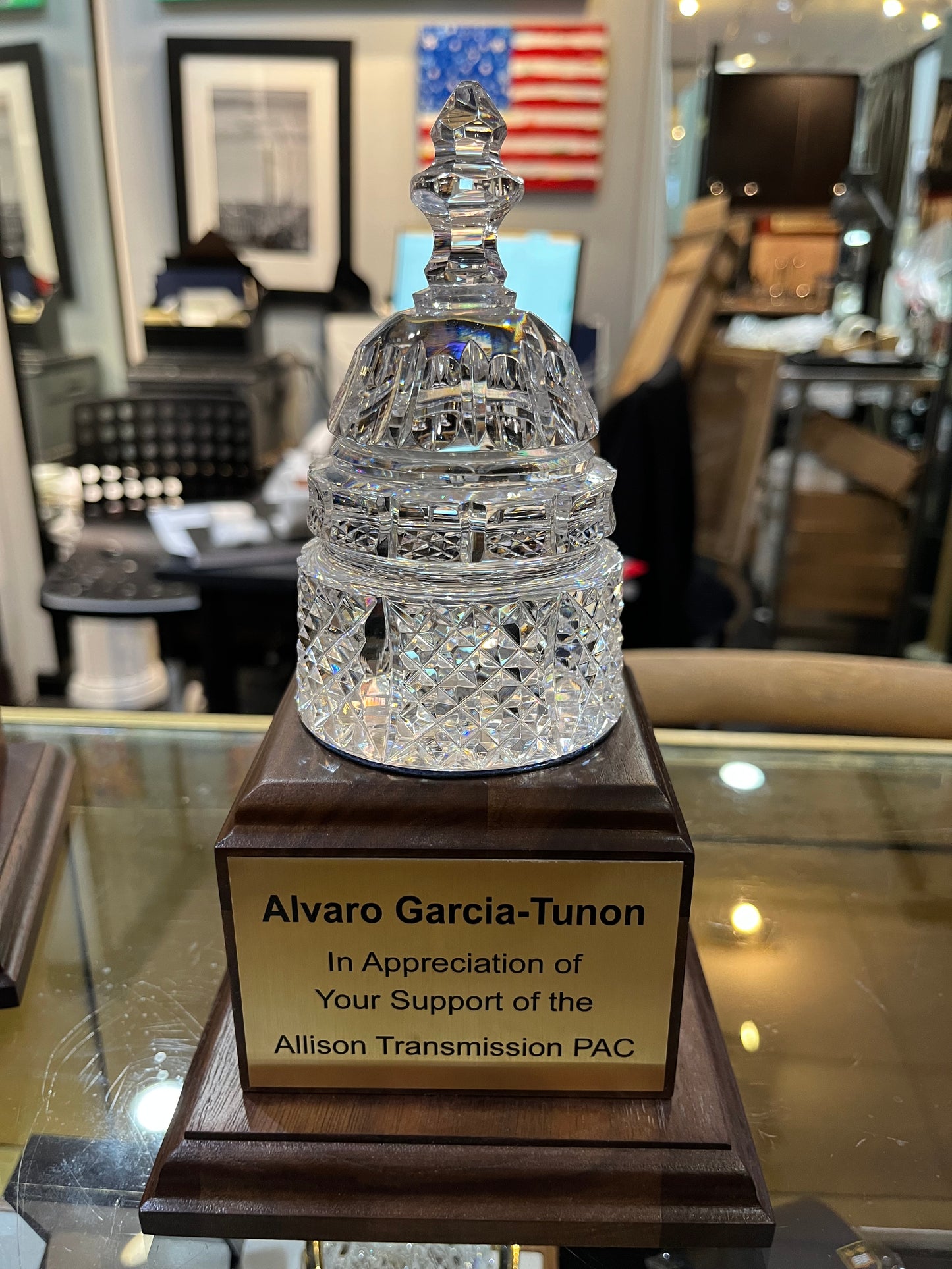 Allison Transmission | Waterford Crystal Capitol Dome on Natural Walnut with Engraved Brass Plate