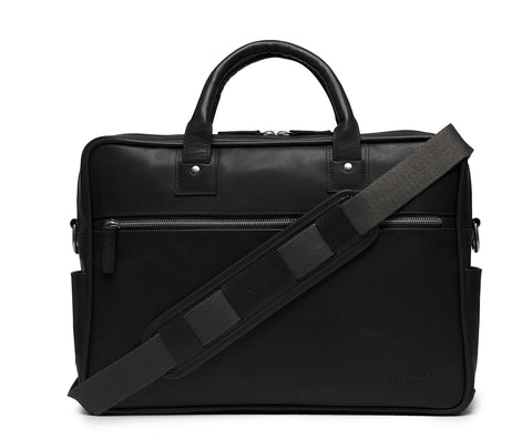 Redford Leather Brief Bag | 16" Zipper Briefcase | Made in USA | Initials Available | Korchmar Leather | Black with Nickle Zipper