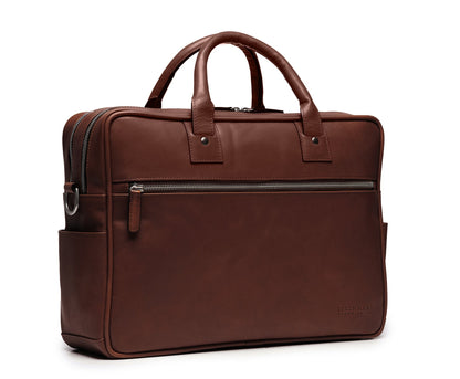 Redford Leather Brief Bag | 16" Zipper Briefcase | Made in USA | Initials Available | Korchmar Leather | Tan with Nickle Zipper