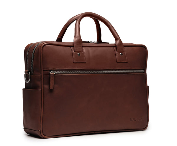 Redford Leather Brief Bag | 16" Zipper Briefcase | Made in USA | Initials Available | Korchmar Leather | Brown Leather with Nickle Zippers