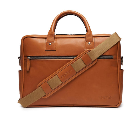 Redford Leather Brief Bag | 16" Zipper Briefcase | Made in USA | Initials Available | Korchmar Leather | Tan with Nickle Zipper