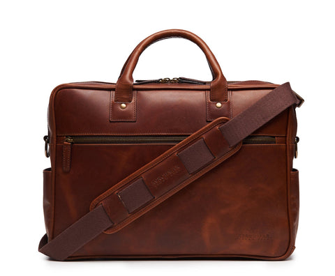 Redford Leather Brief Bag | 16" Zipper Briefcase | Made in USA | Initials Available | Korchmar Leather | Traditional Brown