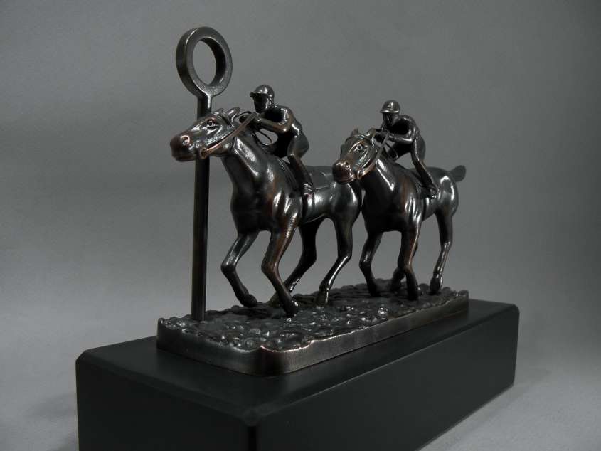 Award Trophy | Hood Ornament Mascot, Model | RACEHORSE with JOCKEY | 4 by 6 Inches | Made in England