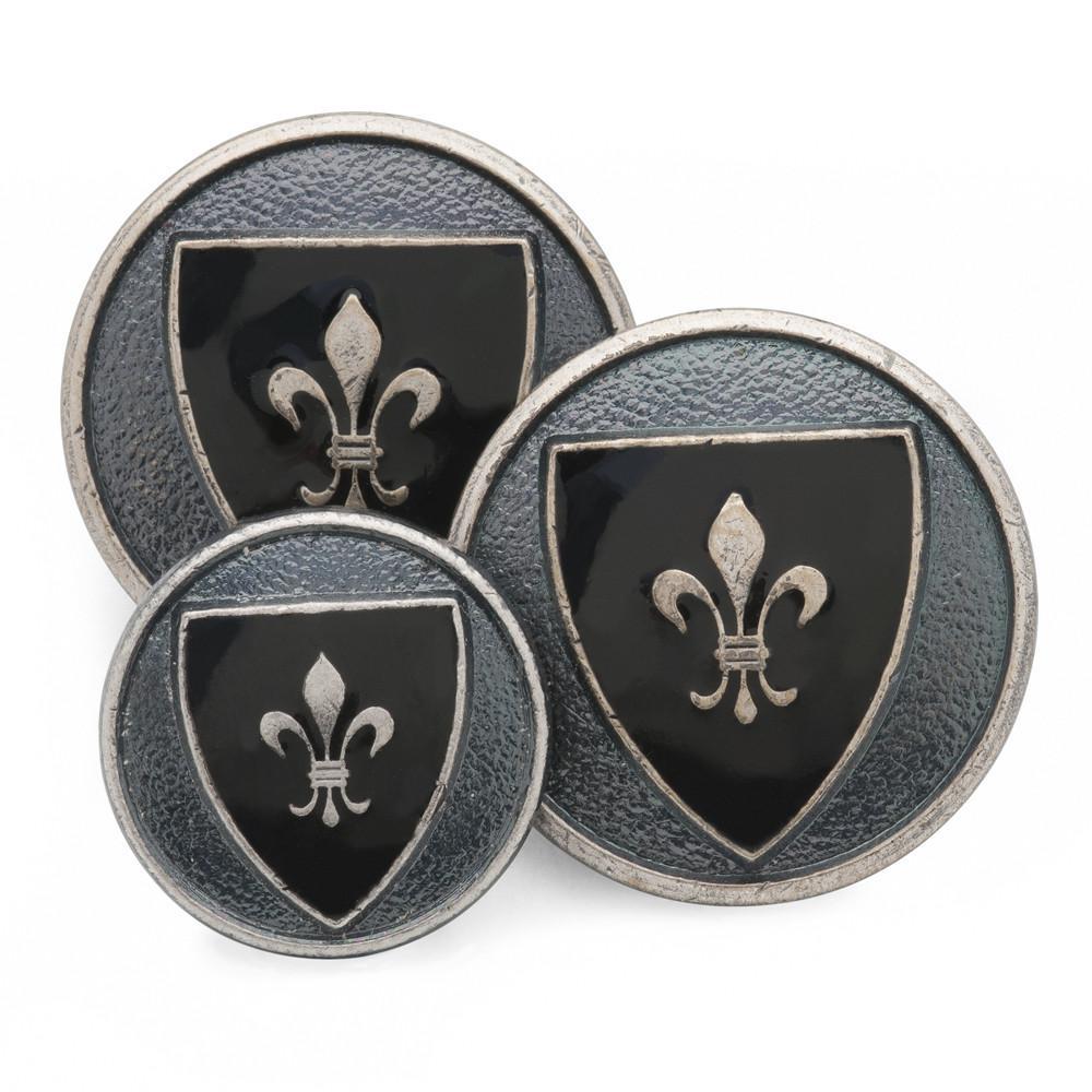 Heraldic Shield Blazer Button Set | Black Enamel Blazer Buttons | Matte Silver Finish | Made in UK-Blazer Buttons-Sterling-and-Burke