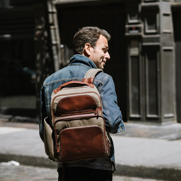 Mason Backpack | 16" Waxed Cotton and Leather Backpack | Olive Waxed Cotton and Leather Backpack  | Made in USA | Korchmar