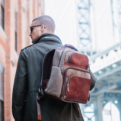 Mason Backpack | 16" Waxed Cotton and Leather Backpack | Grey Waxed Cotton and Leather Backpack  | Made in USA | Korchmar