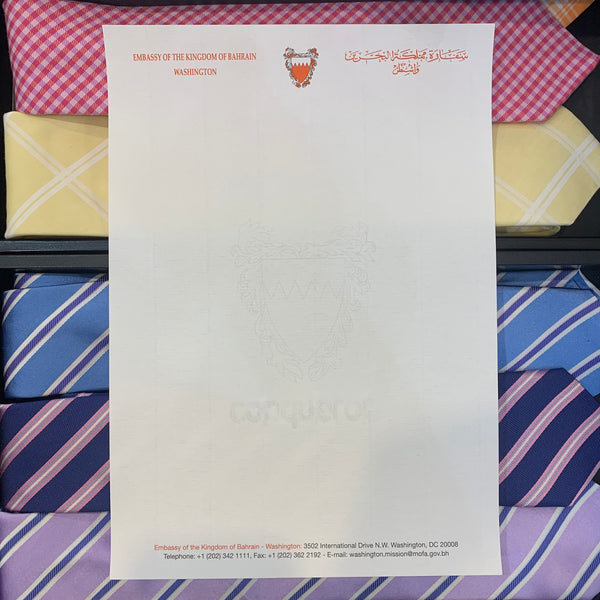 Embassy of Bahrain | Current Paper and New Paper for Consideration | White Classic Laid Paper | Sample Box of Blank Sheets and Envelopes