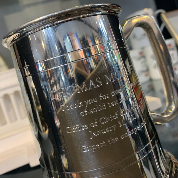Award IRS Retirement | Hand Engraved Solid Pewter Tankard | Thomas Moffitt | 6 Lines of Hand Engraving | Patriotic Gift Wrap
