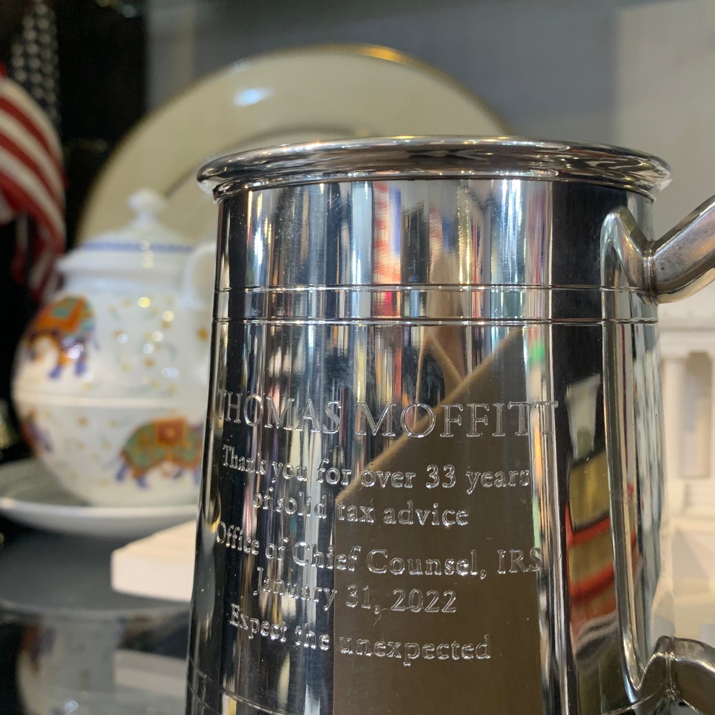 Award IRS Retirement | Hand Engraved Solid Pewter Tankard | Thomas Moffitt | 6 Lines of Hand Engraving | Patriotic Gift Wrap