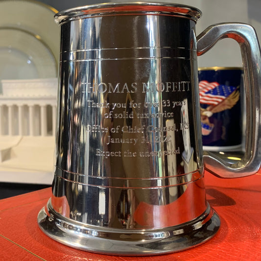 Award IRS Retirement | Hand Engraved Solid Pewter Tankard | Thomas Moffitt | 6 Lines of Hand Engraving | Patriotic Gift Wrap