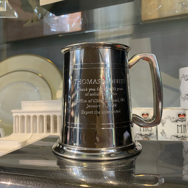 Award IRS Retirement | Hand Engraved Solid Pewter Tankard | Thomas Moffitt | 6 Lines of Hand Engraving | Patriotic Gift Wrap