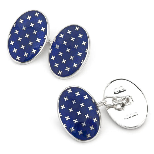 Double Sided Chain Cufflinks | Sterling Silver Patriotic Stars and Navy Blue Enamel | Benson and Clegg-Cufflinks-Sterling-and-Burke