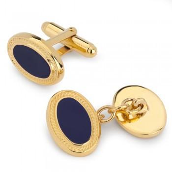 Oval Enamel Navy with Gold Filigree T-Bar Cufflinks-Enamel Cufflinks-Sterling-and-Burke