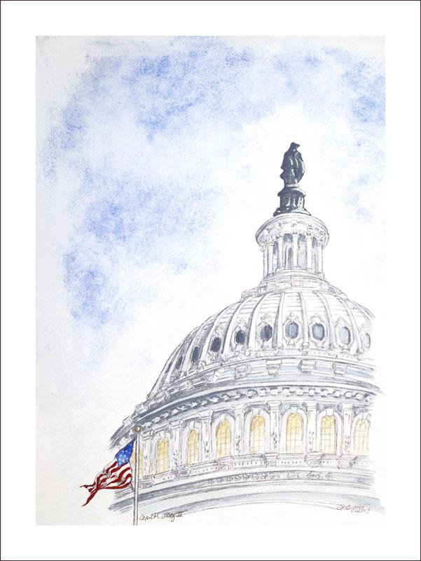 Capitol Flag II | Original Watercolor Painting by Carole Moore Biggio | 10" x 8"-Original Watercolor-Sterling-and-Burke