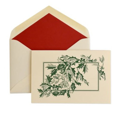 Victorian Holly Christmas Card | Lined Envelope with Scarlet | Set of Five: Card with Envelope | Dempsey and Carroll