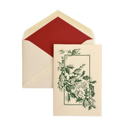 Victorian Holly Christmas Card | Lined Envelope with Scarlet | Set of Five: Card with Envelope | Dempsey and Carroll