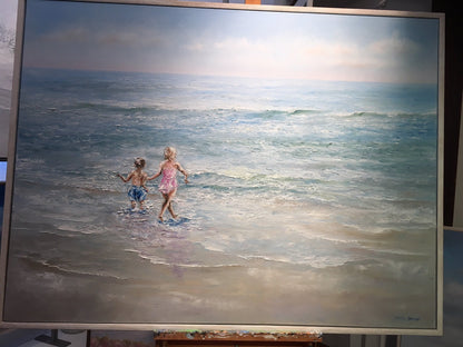 CUSTOM ORDER | Original Oil Painting | "Sweet Big Sister" | Frame: Distressed White | Artist: Claire Howard | 36 by 48 inches-Oil Painting-Sterling-and-Burke