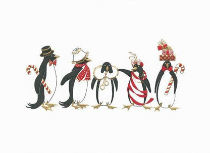 Crane & Co. Stationery | Engraved Holiday Penguins Christmas Card | Dancing Penguins | Engraved Penguins | Lined Envelope with Red Solid Paper | Set of 5 | Sterling and Burke-Stationery-Sterling-and-Burke