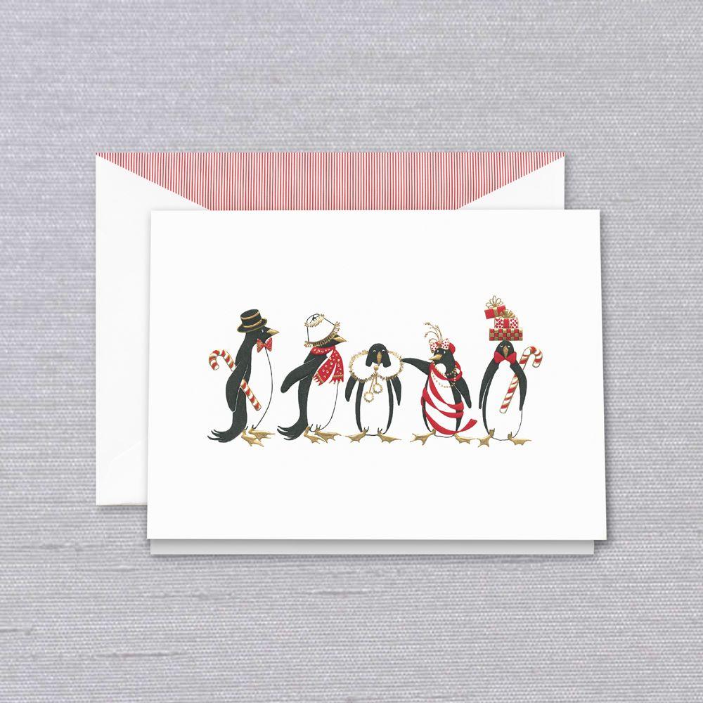 Crane & Co. Stationery | Engraved Holiday Penguins Christmas Card | Dancing Penguins | Engraved Penguins | Lined Envelope with Red Solid Paper | Set of 5 | Sterling and Burke-Stationery-Sterling-and-Burke