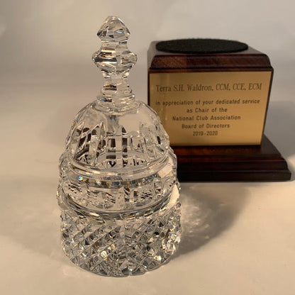 Waterford Crystal Capitol Dome Paperweight | Capitol Dome Award on Dark Blue Walnut Base | Brass Plate Engraved with Message