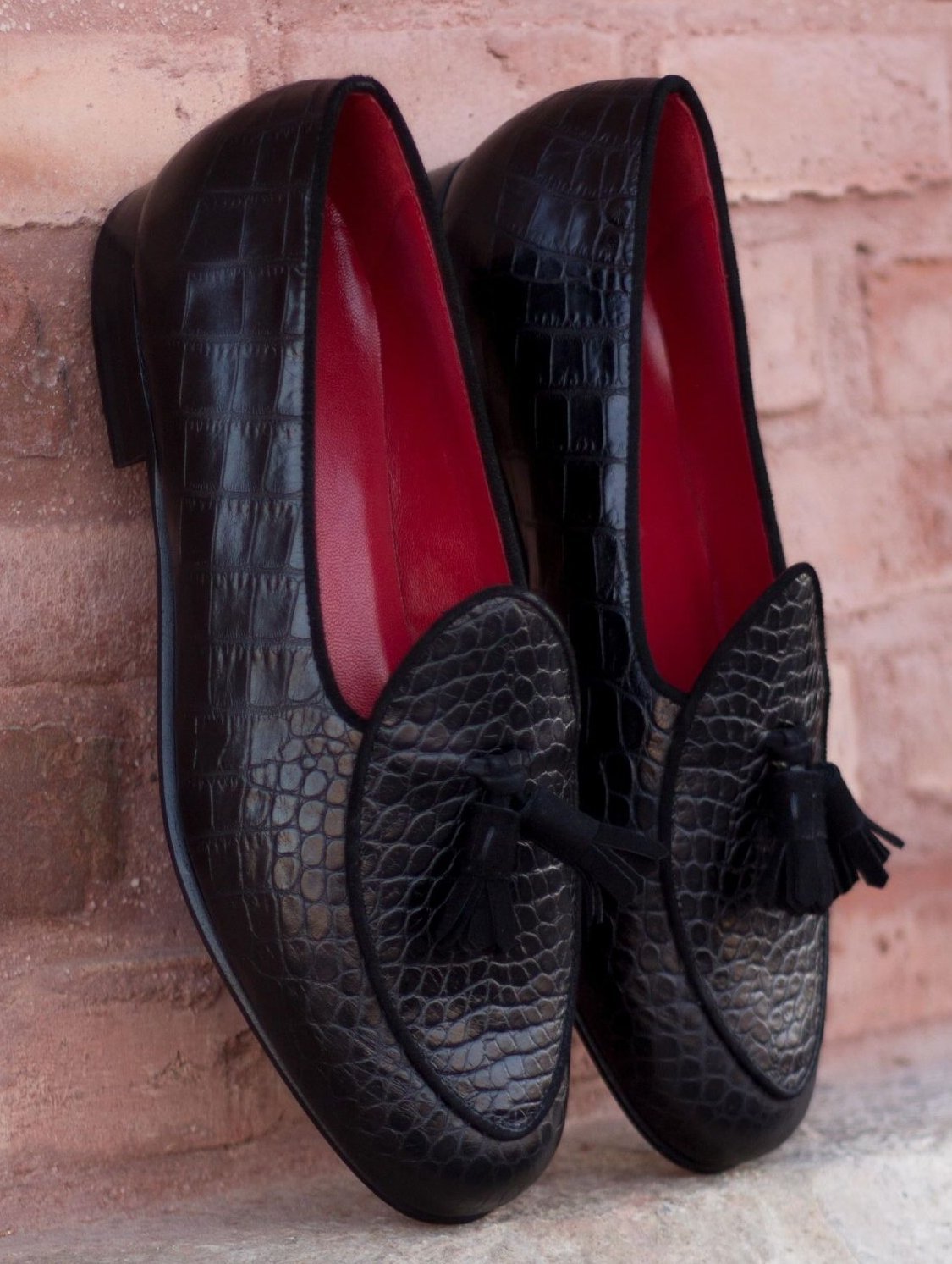 Custom Belgian Slipper Shoes | Black Croc Leather with Black Suede Trim and Leather Tassel | Extraordinary Quality | Sterling and Burke-Bespoke Shoes-Sterling-and-Burke