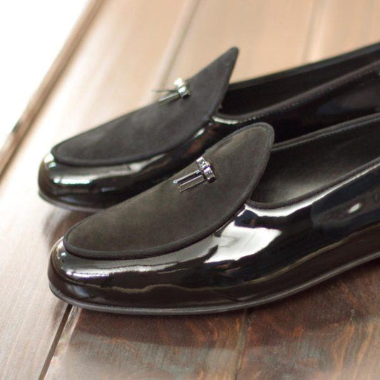 Custom Belgian Slipper Shoes | Black Patent Leather and Black Suede with Bow | Extraordinary Quality | Sterling and Burke | Navy Blue-Bespoke Shoes-Sterling-and-Burke