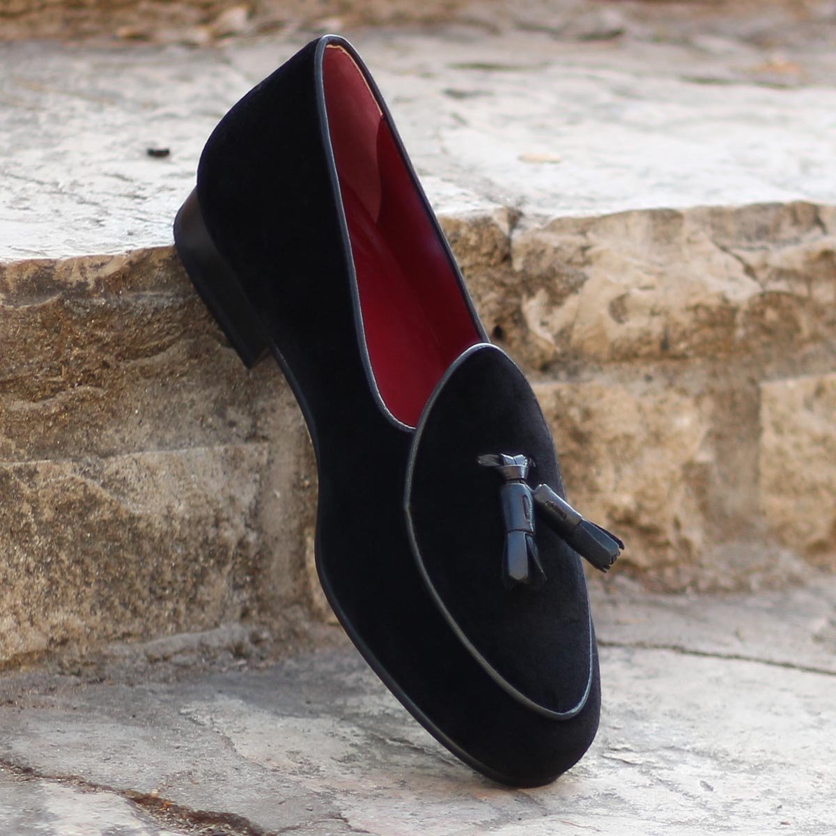 Custom Belgian Slipper Shoes | Black Velvet with Tassel | Extraordinary Quality | Sterling and Burke | Navy Blue-Bespoke Shoes-Sterling-and-Burke