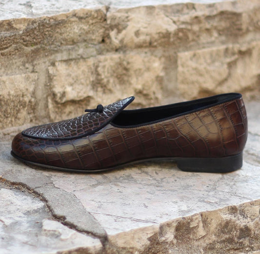 Custom Belgian Slipper Shoes | Dark Brown Croc Leather with Suede Trim and Bow | Extraordinary Quality | Sterling and Burke-Bespoke Shoes-Sterling-and-Burke