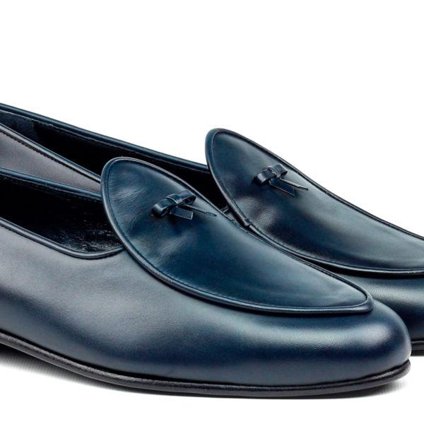 Custom Belgian Slipper Shoes | Navy Blue Leather with Bow | Extraordinary Quality | Sterling and Burke-Bespoke Shoes-Sterling-and-Burke