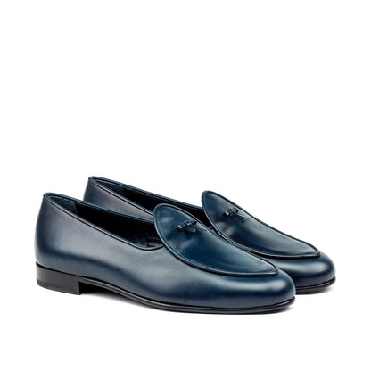 Custom Belgian Slipper Shoes | Navy Blue Leather with Bow | Extraordinary Quality | Sterling and Burke-Bespoke Shoes-Sterling-and-Burke