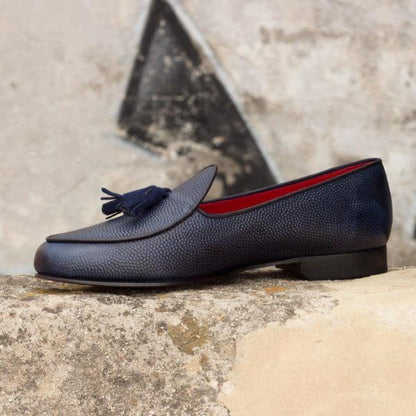 Custom Belgian Slipper Shoes | Navy Pebble Calf with Navy Suede Trim and Navy Leather Tassel | Extraordinary Quality | Sterling and Burke-Bespoke Shoes-Sterling-and-Burke