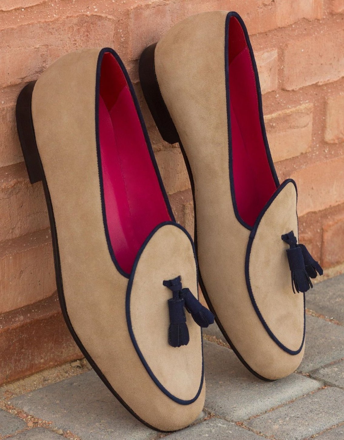 Custom Belgian Slipper Shoes | Beige Suede with Navy Leather Tassel | Extraordinary Quality | Sterling and Burke-Bespoke Shoes-Sterling-and-Burke