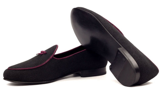 Custom Belgian Slipper Shoes | Black Linen with Purple Suede Trim and Purple Suede Leather Tassel | Extraordinary Quality | Sterling and Burke-Bespoke Shoes-Sterling-and-Burke