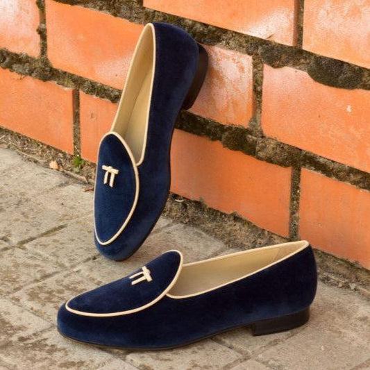 Custom Belgian Slipper Shoes | Navy Velvet with Ivory Leather Trim and Ivory Leather Bow | Extraordinary Quality | Sterling and Burke | Navy Blue-Bespoke Shoes-Sterling-and-Burke