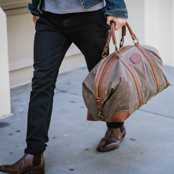 Duffel | Grey Waxed Cotton and Leather Duffle | Twain Canvas Duffle | Korchmar Leather | Initials Included