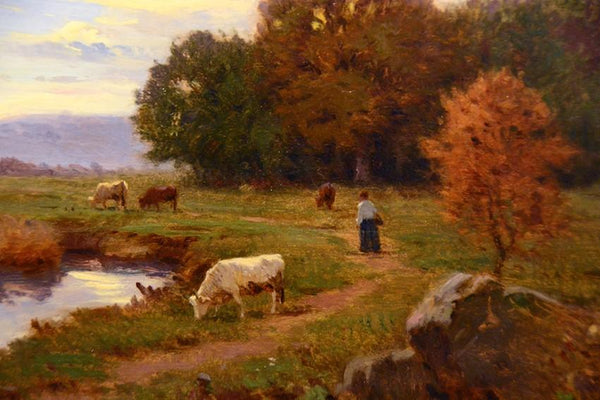 Antique Oil Painting on Canvas | La Petite Mare by Jean Ferdinand Monchablon | 19.5" x 23.5" Framed-Oil Painting-Sterling-and-Burke