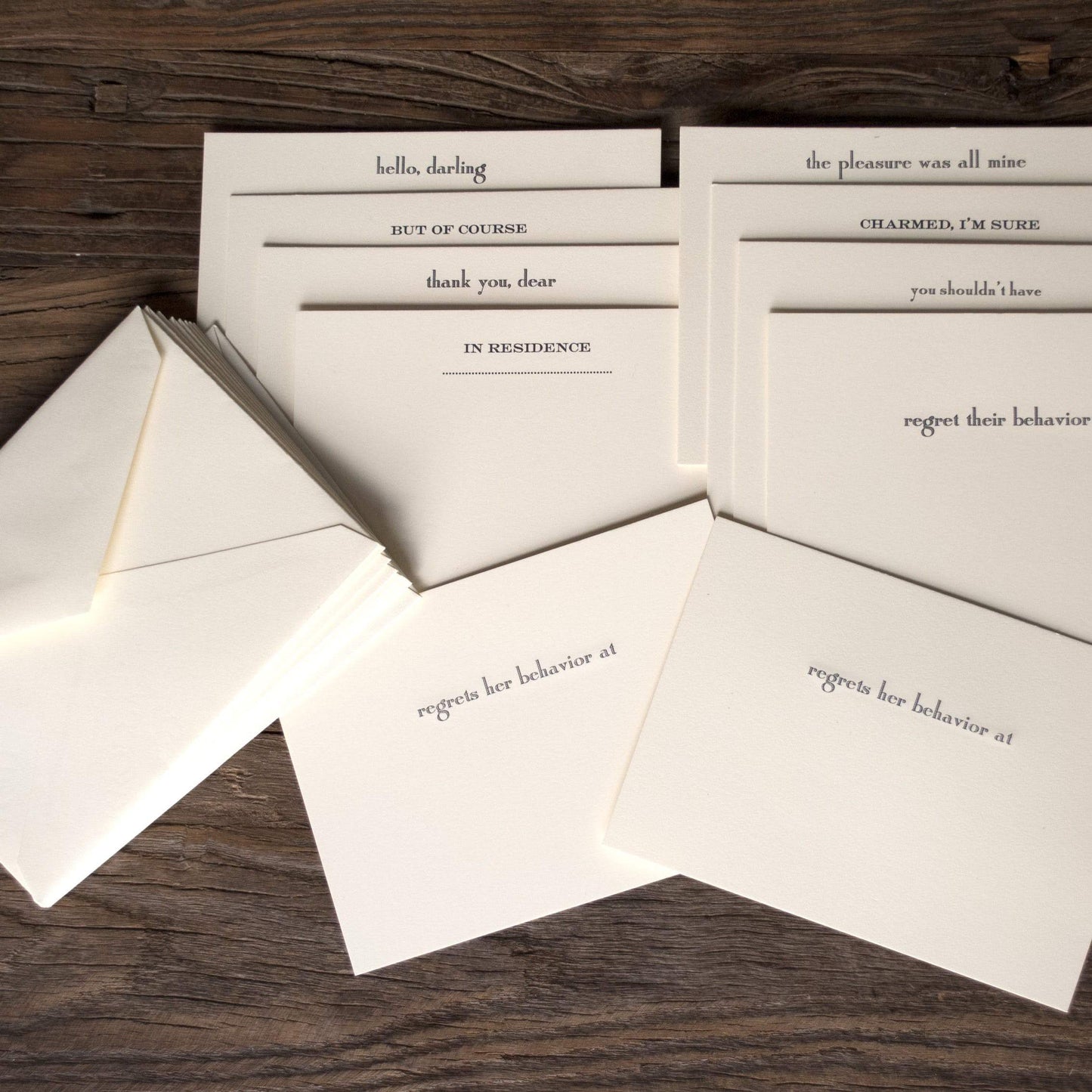 "Regrets Her Behavior At" | Stationery Behavior Cards | Engraved Stationery | Set of 3-Stationery-Sterling-and-Burke