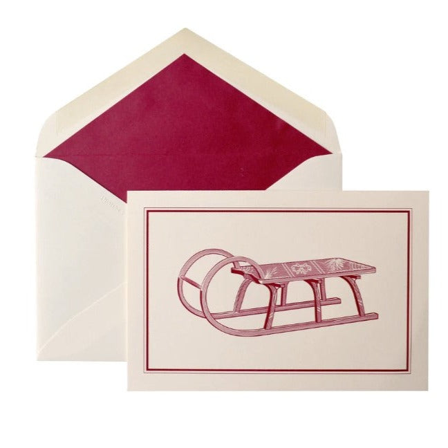 Victorian Sled Christmas Card | Lined Envelope with Scarlet | Set of Five: Card with Envelope | Dempsey and Carroll
