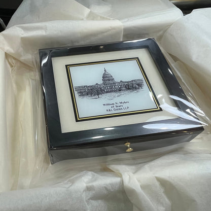 Custom Desk Box Gift | US Capitol Building | White House | DC City Scape | 8.5 by 7 by 2.75 inches | Black Stain with Pen & Ink Drawing & Personalization